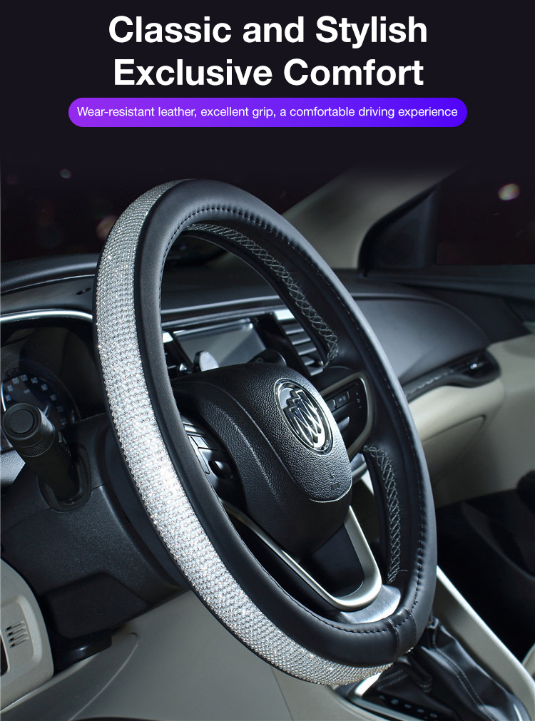 Cross-border white netted leather handle cover with sweat-proof and anti-slip anti-glare full-diamond steering wheel