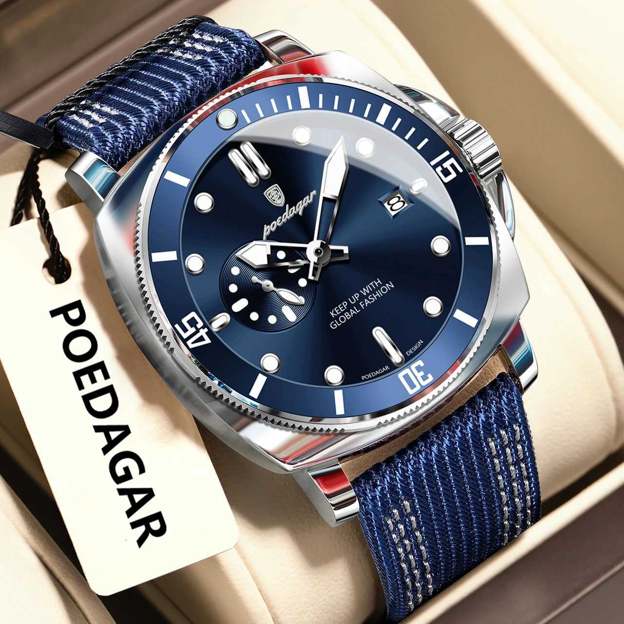 POEDAGAR Fashion Luxury Mens Wrist Luminous Waterproof Date Sports Watch for Men Business Nylon Leather Quartz Mens W250806