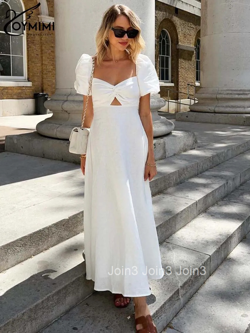 Fashion White Cotton Womens Dresses Elegant Short Sleeve V-Neck Hollow Out Dresses Autumn High Waisted Mid-Calf Dress