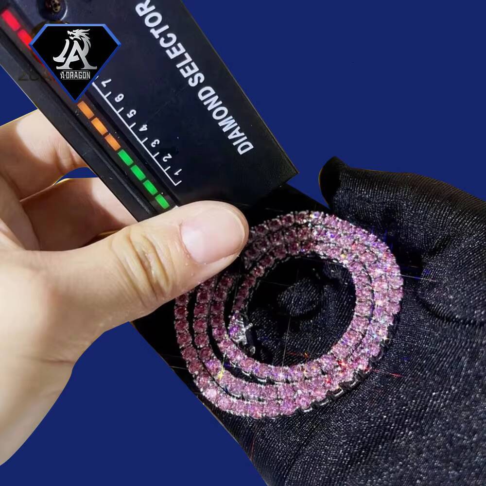 Hot Selling 2mm Sterling Silver Pink Moissanite Tennis Chain Set Includes Necklace and Bracelet for Hip Hop Fans