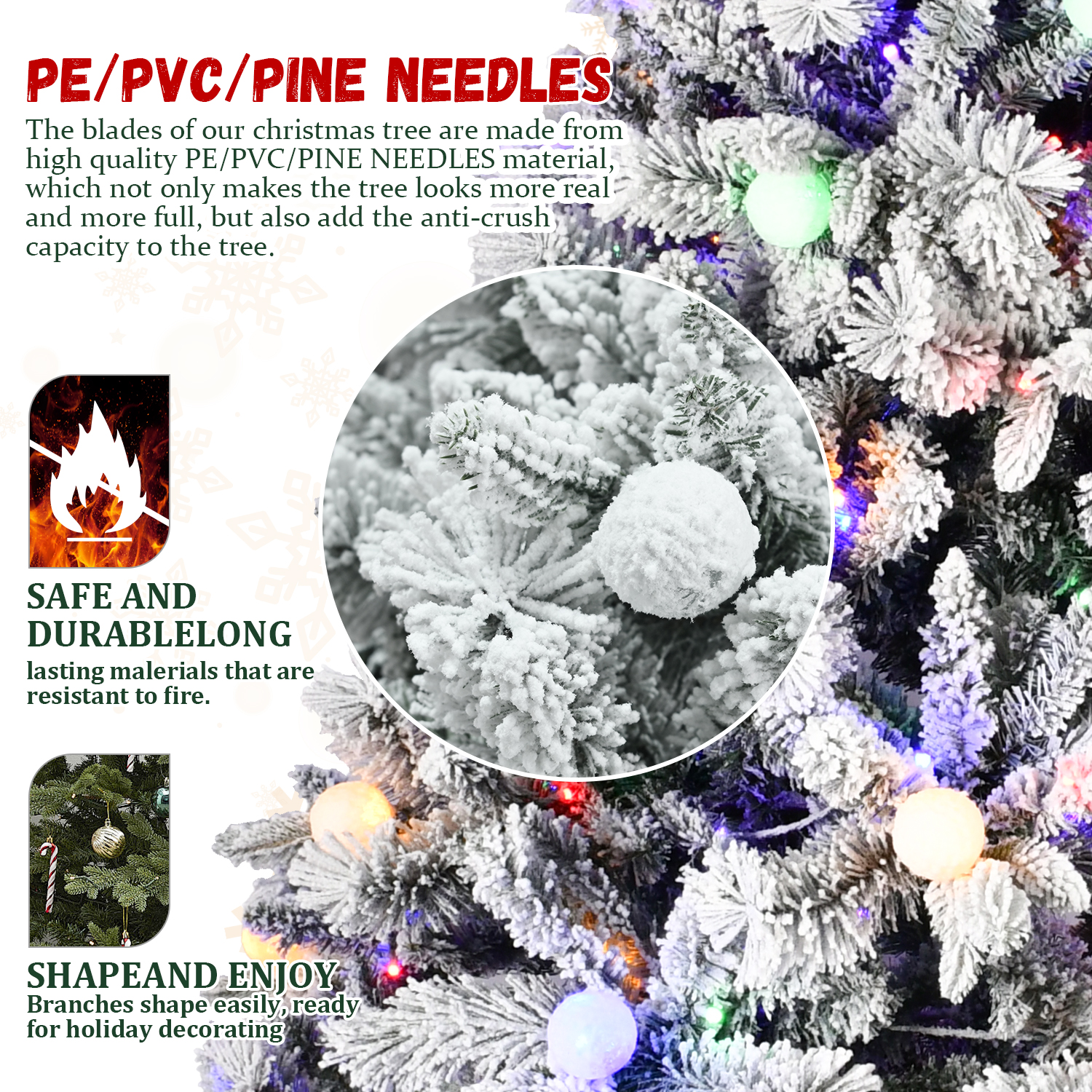 Flocked Christmas tree 7.5ft PE/PVC/Hard needle mixed tree(memory wire+power pole), 1,253+ tips, 400L bi-color led with G45bal