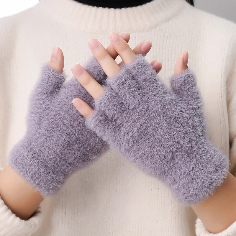 Winter Mink Cashmere Half Finger Gloves Women Men Warm Solid Color Plush For Driving Outdoor Sports 250806
