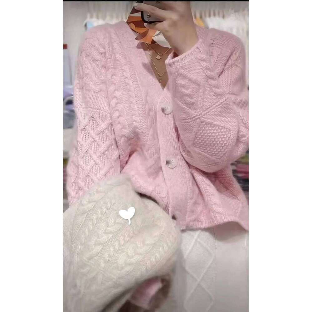 Heavy Thick Twist Flower V-Neck Cashmere Knitted Cardigan Women Autumn And Winter Lazy Loose Every Sweater Overcoat 250806