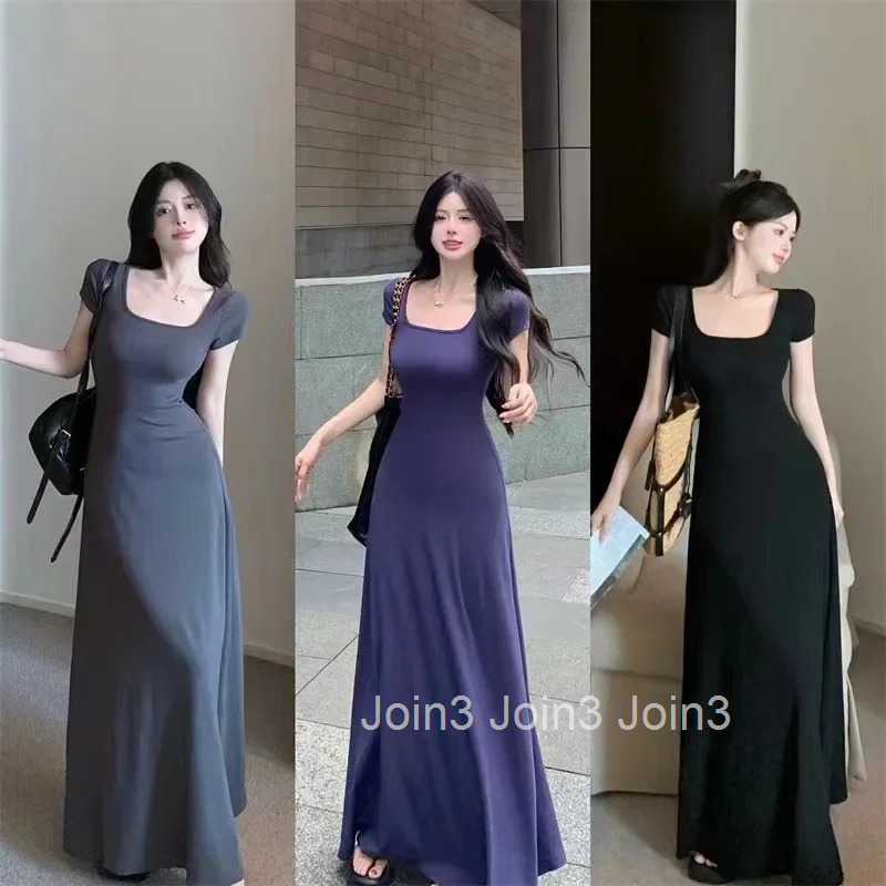 Elegant High-end Feel French Style Square Collar Short Sleeves Dress Slimming Womens Waist-fitted Long Skirt