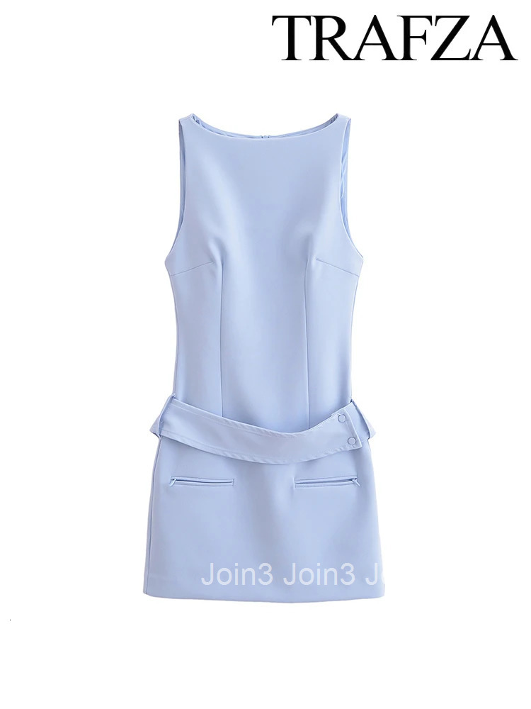 TRAF Womens Summer Solid Colour Sleeveless Round Neck Mini Dress Elegant Belt Decoration Zipper Casual Womens Short Dresses