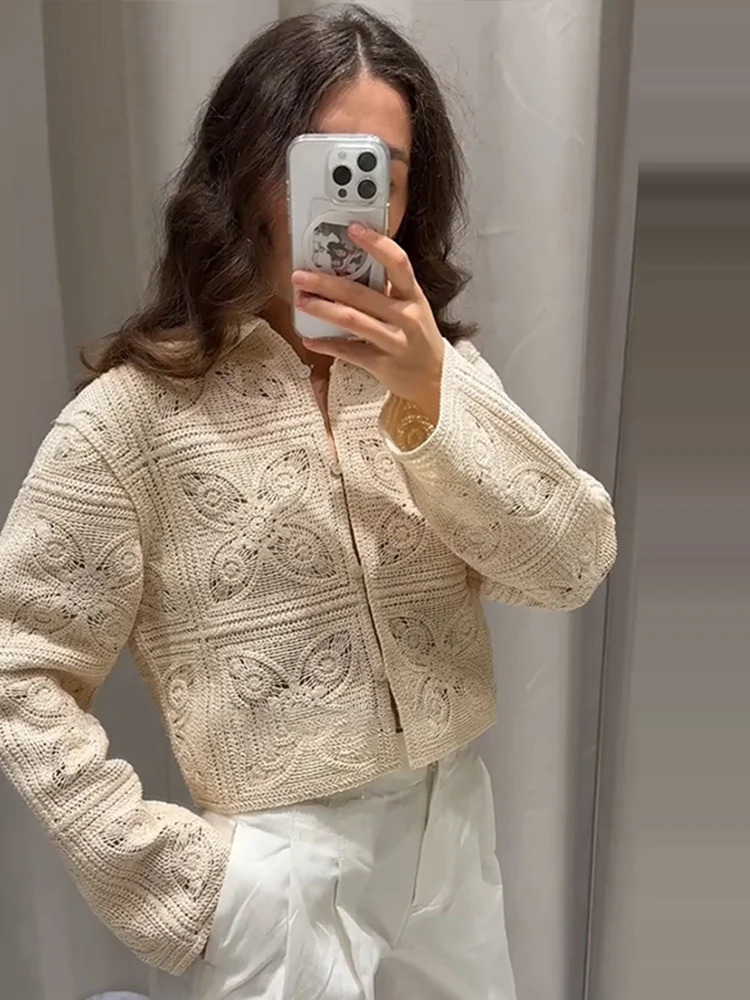 Crochet Hollow Out Cardigan Shorts Suits Women Elegant Lapel Long Sleeve Single Breasted Coats Low Waist Shorts Chic Ladies Sets 250804