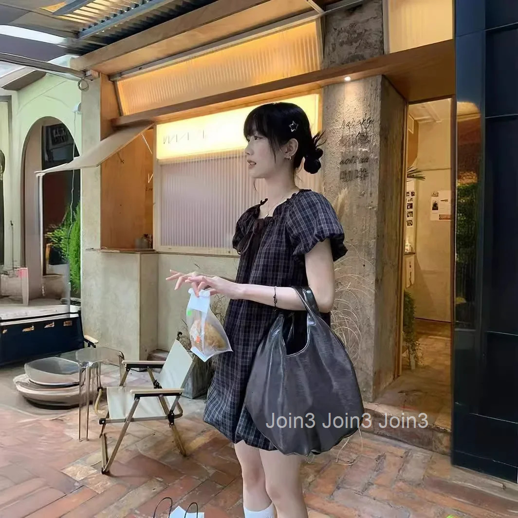 Summer New Arrival Womens Plaid Puff Sleeve Dresses Petite Medium Length Fashionable Wood Ear Trimmed Dresses