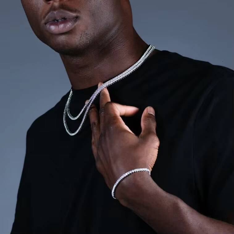 Wholesale high quality hip hop men's boy jewelry claw setting set; thin 3mm lab grown diamond tennis necklace