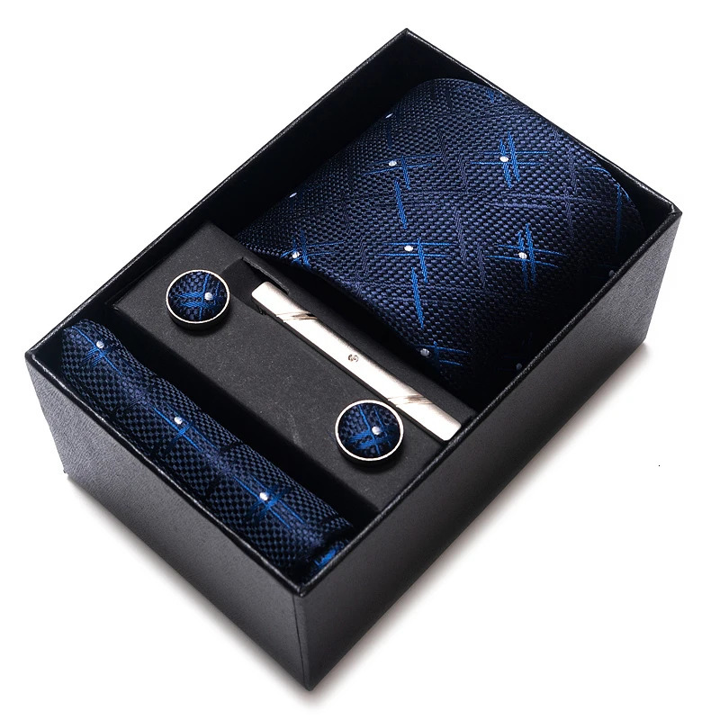 Tie Handkerchief Cufflink Set For Men Necktie Holiday Gift Box Blue Gold Suit Accessories Slim Wedding Gravatas 250806
