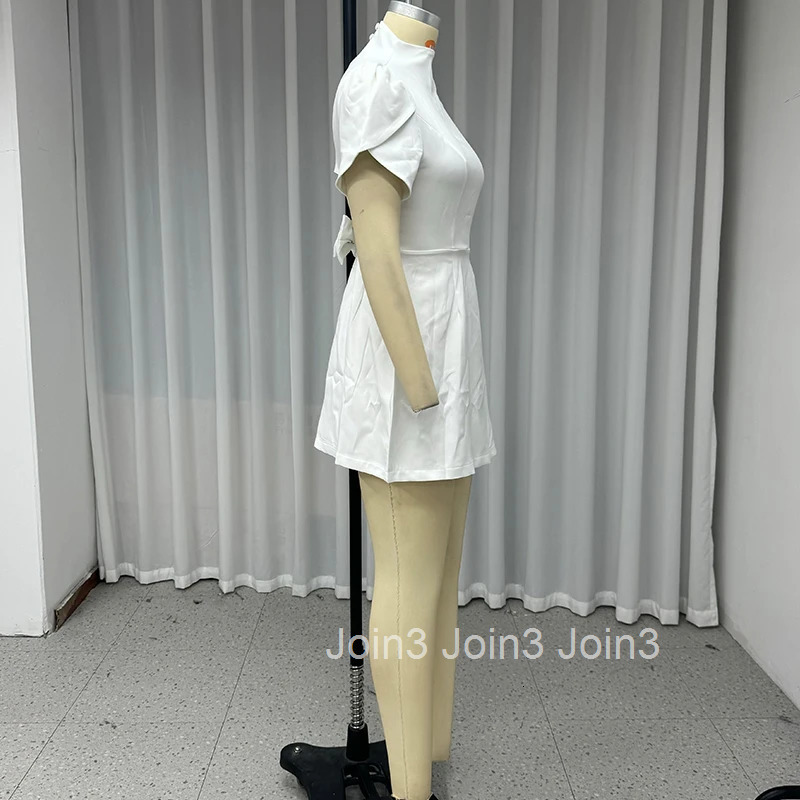 Wefads Women Mini Dress Elegant Fashion Solid Short Puff Sleeve Round Neck Nipped Waist Backless With Bow Mini Skirt Party Dress