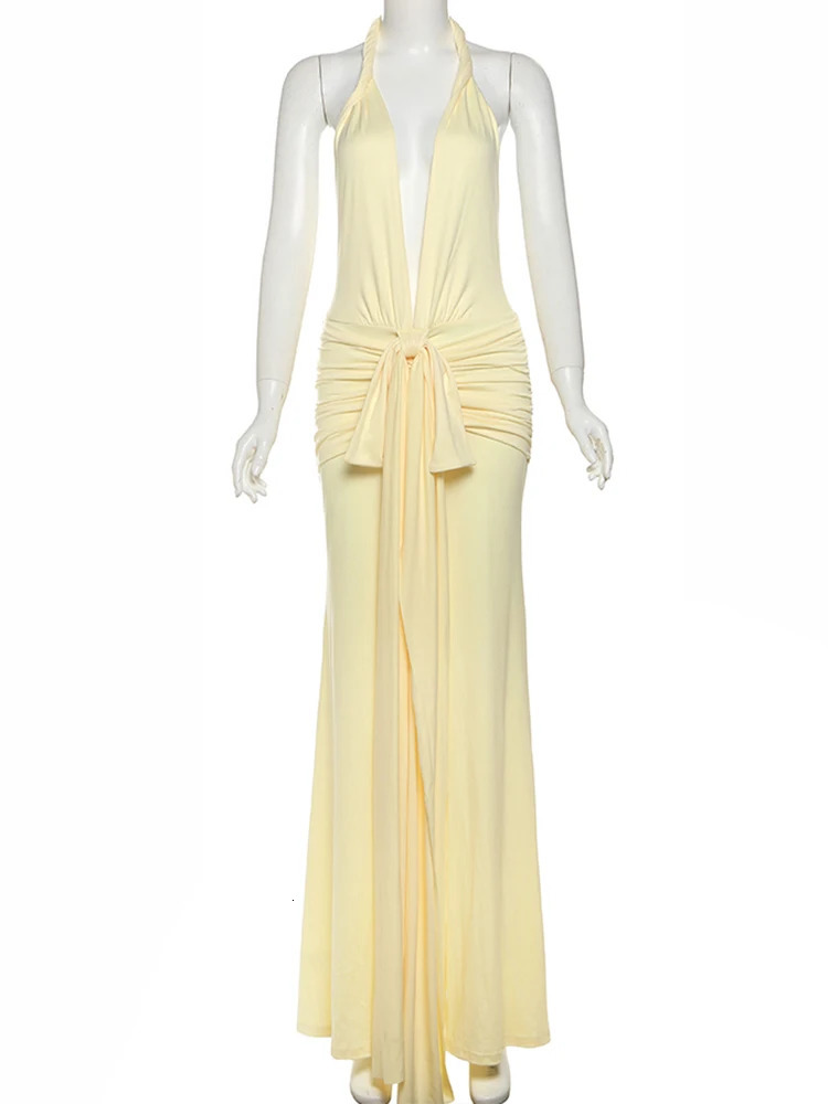 Weird Puss Peach Buttocks Sexy Dress Women Halter 2025 Summer Sexy Thin Y2K Backless V-Neck Knot Ribbon Birthday Party Vestidos 250806