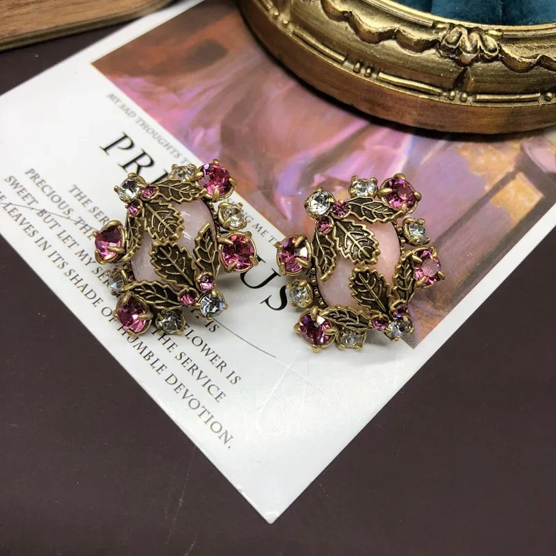 NISHIZAWA Leaf Stud Earrings for Women Pink Gemstones Vintage Sweet Jewelry Style Exquisite Fashion Aretes De Mujer 250729