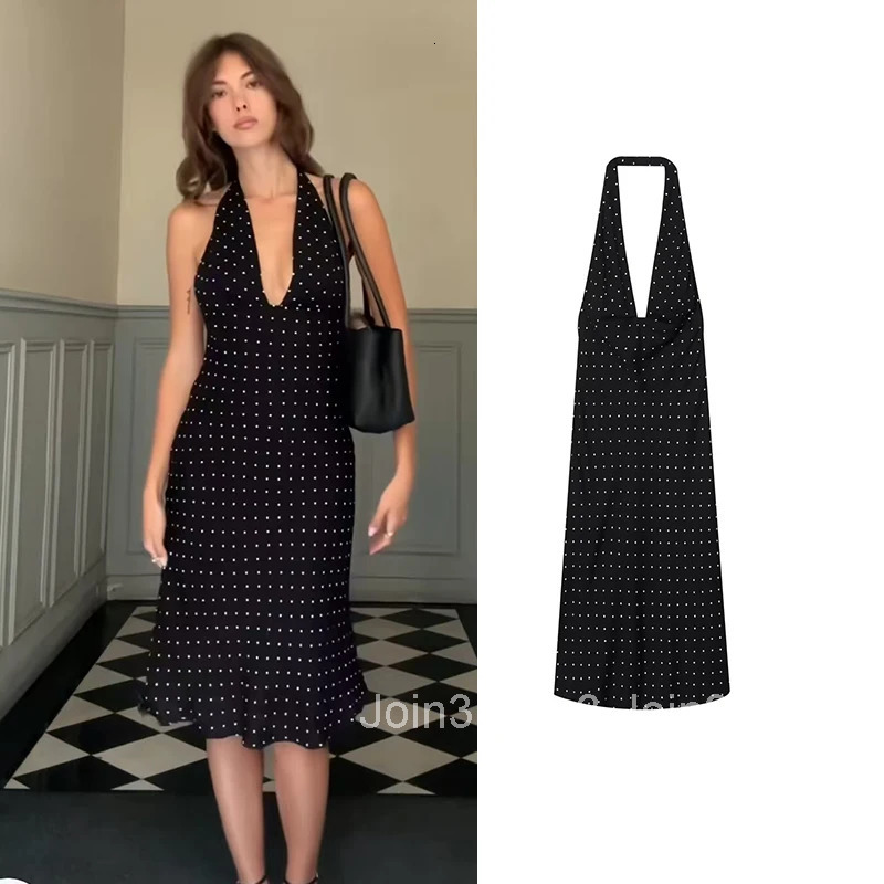 Dress Summer Womens New Chic Dot Print Slim V-Neck Hanging Neck Elegant Travel Dress Womens Street Fashion Party Dress