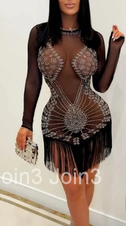 Elegant Long Sleeves Vintage O-neck Chic Rhinestone Tassel Slim Mesh Dresses Evening High Street Autumn Women Elastic Clothing