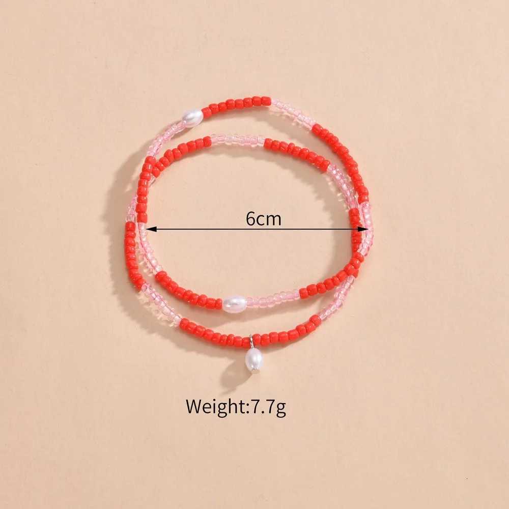 2pcs Synthetic Pearl Anklet Sets For Women Red Rice Beads Chain Ankle Adjustable Elastic Rope Foot Jewelry Accessories Y250805