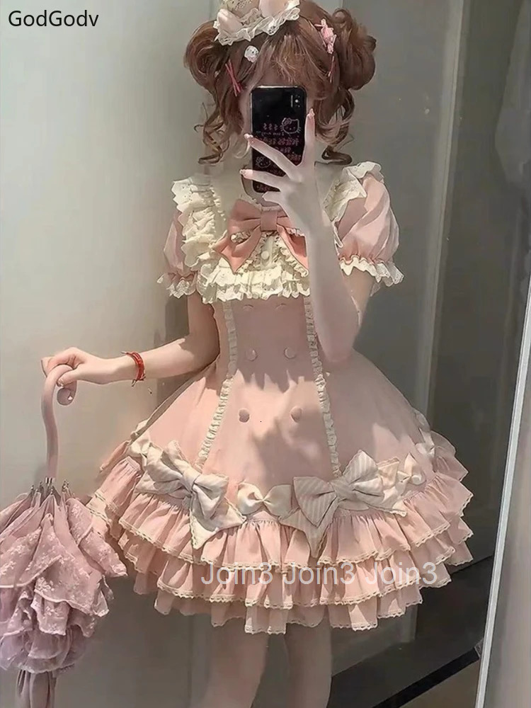 Japanese Sweet Lolita Kawaii Elegant Dress Women Princess Y2k Bow Fake Two Piece Dresses Female Korea Style Design Chic Outfits