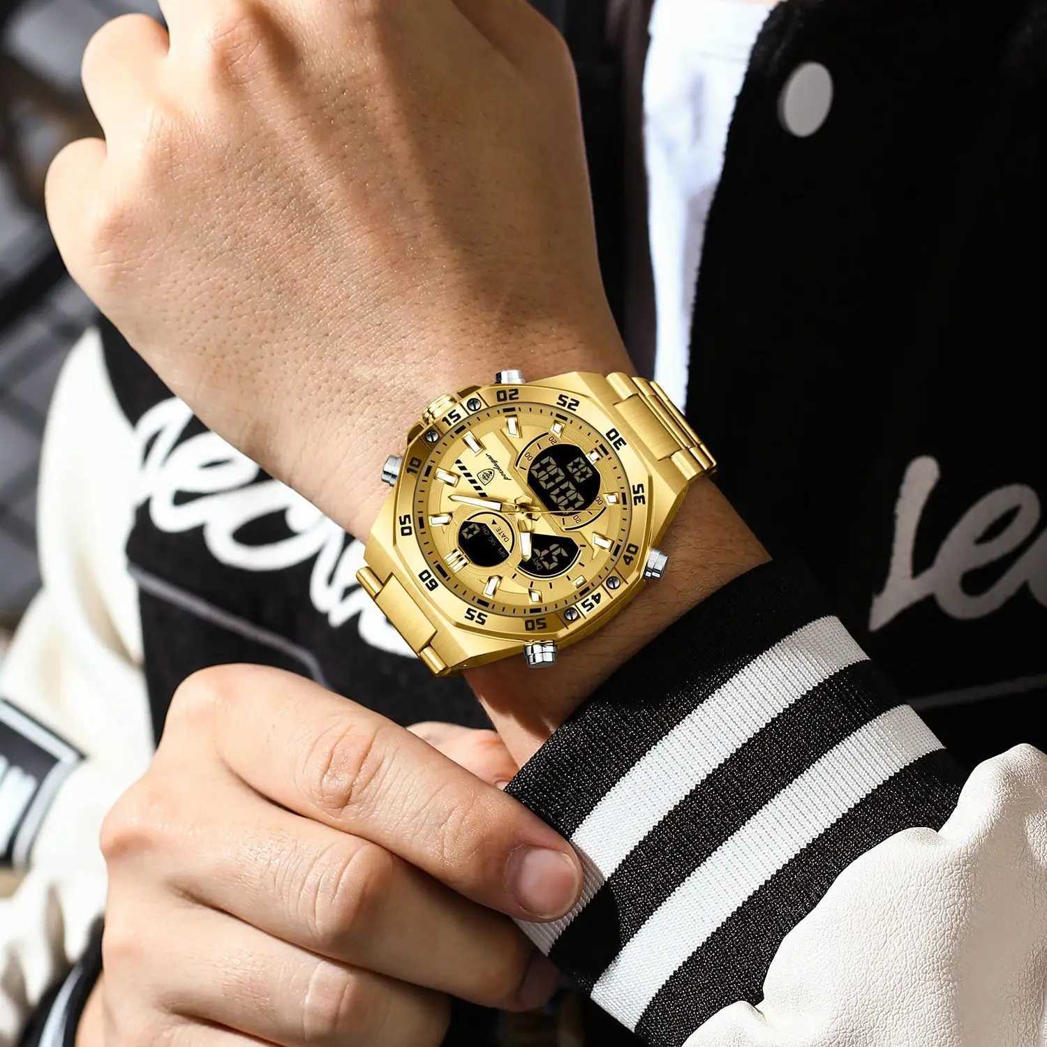 POEDAGAR New Mens Clock LED Luminous Waterproof Week Date Military Mens Electronic Wristwatch Stainless Steel Quartz Mens W250806