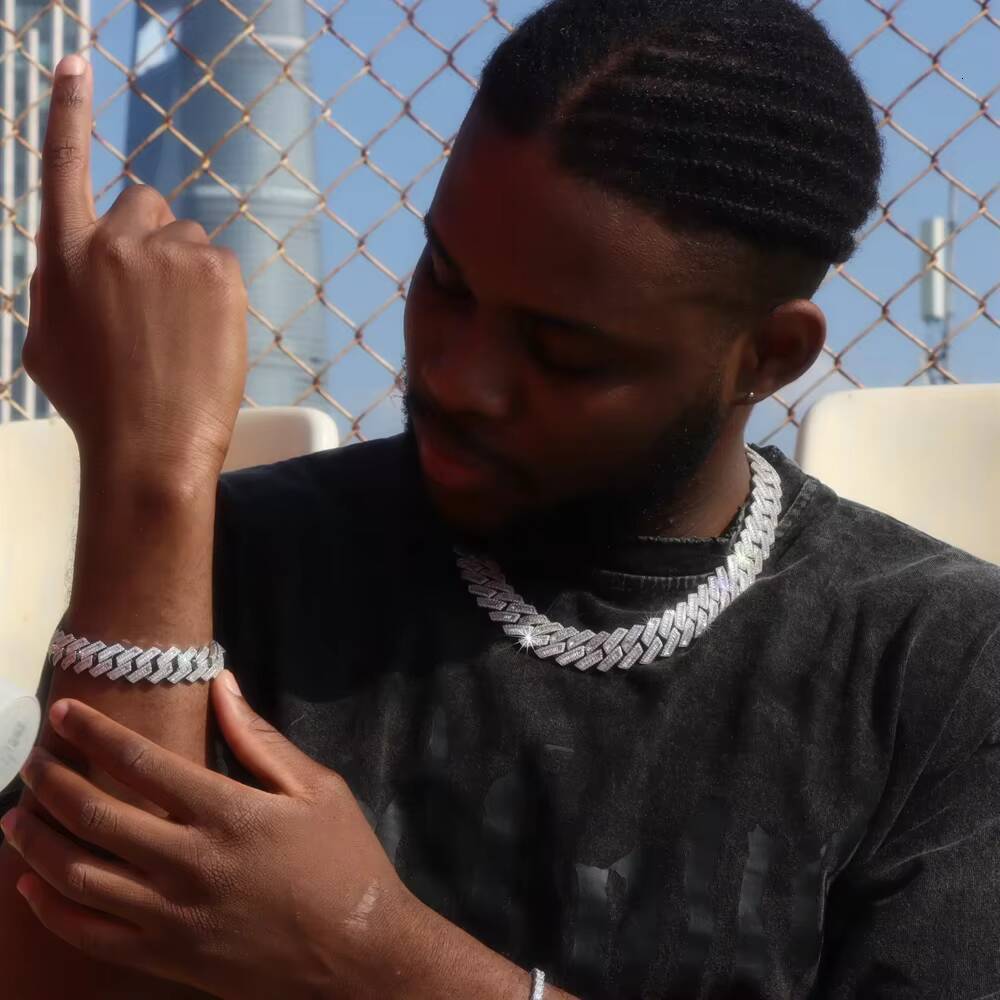 Pass Tester Moissanite Chain Hiphop Necklace 925 Silver Iced Out 16mm VVS Baguette Moissanite Cuban Chain