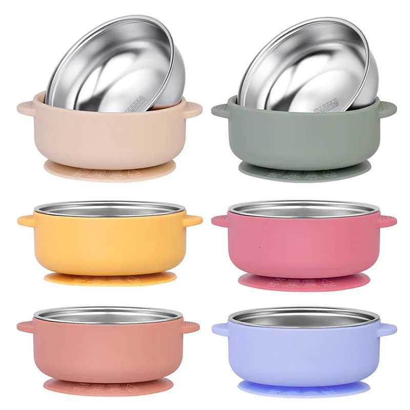 Silicone Sucker Bowl With Detachable Stainless Steel Bowl Baby Feeding Tableware for Infants and Baby Learning To Eat Baby Supplies X250806