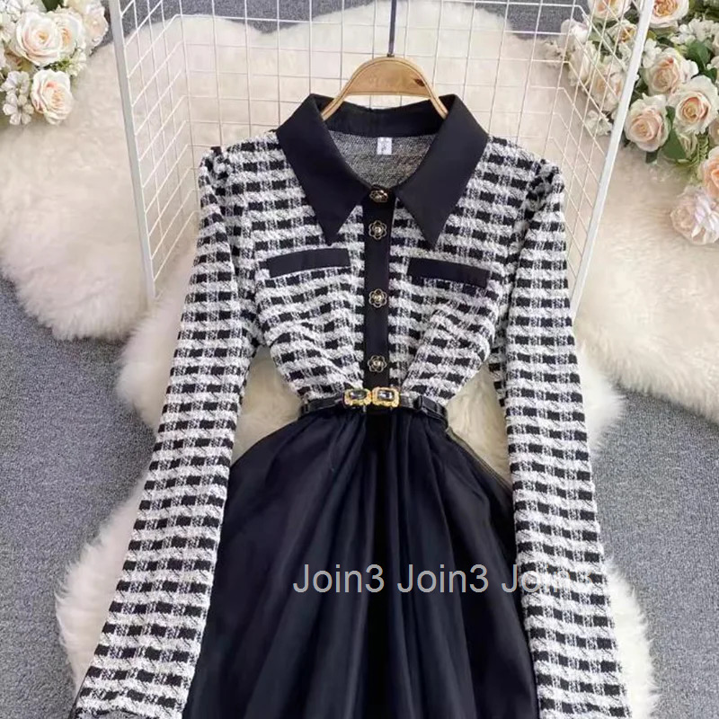 Spring Autumn Plaid Dress Long Sleeve Patchwork Mesh Dress Vintage Elegant Long Dress Vestido Robe Mujer