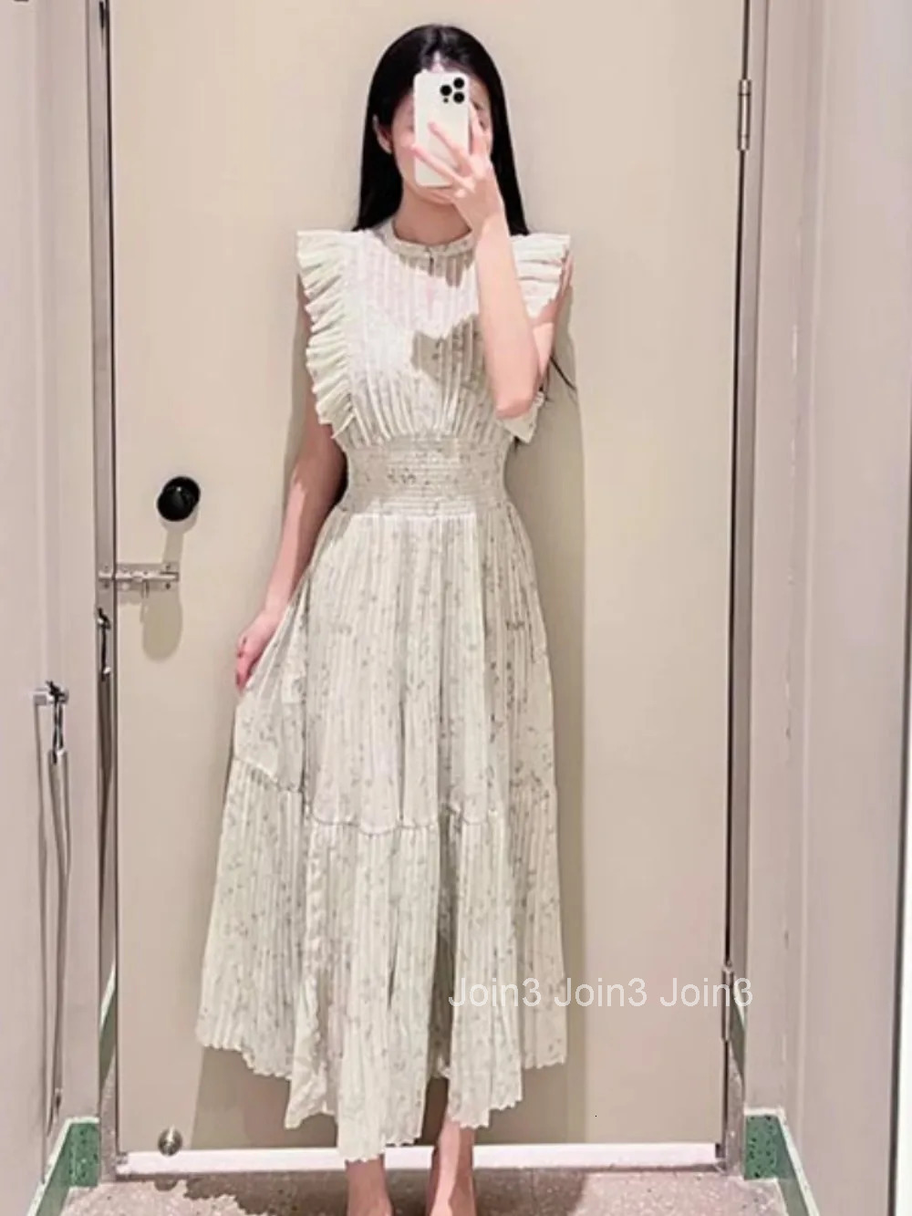 New Sweet O Neck Flying Sleeve Dress Ruffles Chiffon Print Patchwork Pleated Robe Japan Elegant Literary Casual Vestido