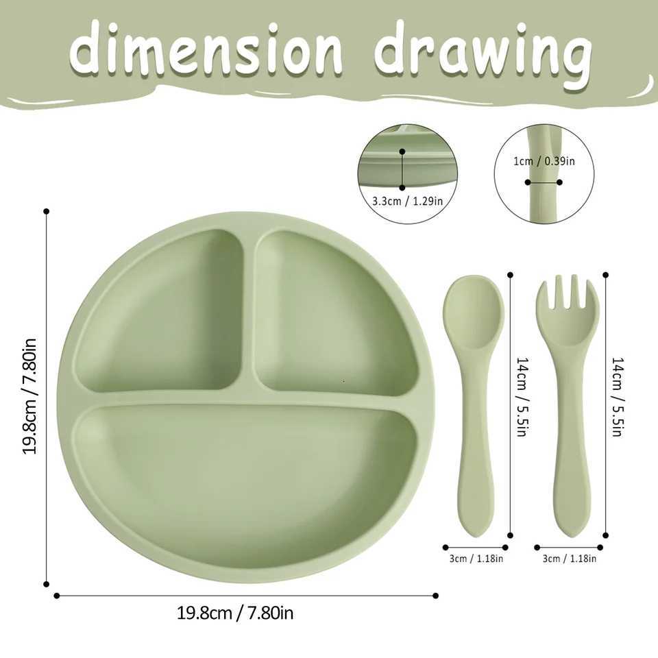 3pcs Baby Silicone Dining Plate With Suction Safe Cartoon Children Dishes Feeding Toddler Training Tableware Kids Spoon Fork X250806