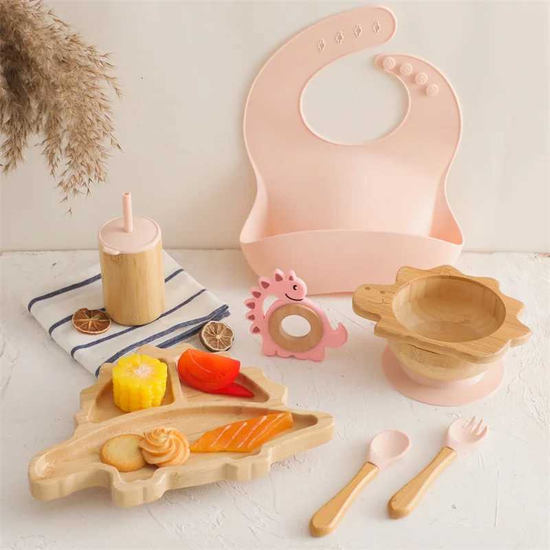 Baby Wooden Tableware Feeding Set Bamboo Dinosaur Plate Bowl Silicone Wooden Handle Fork Spoon Baby Dinnerware Feeding Supplies X250806