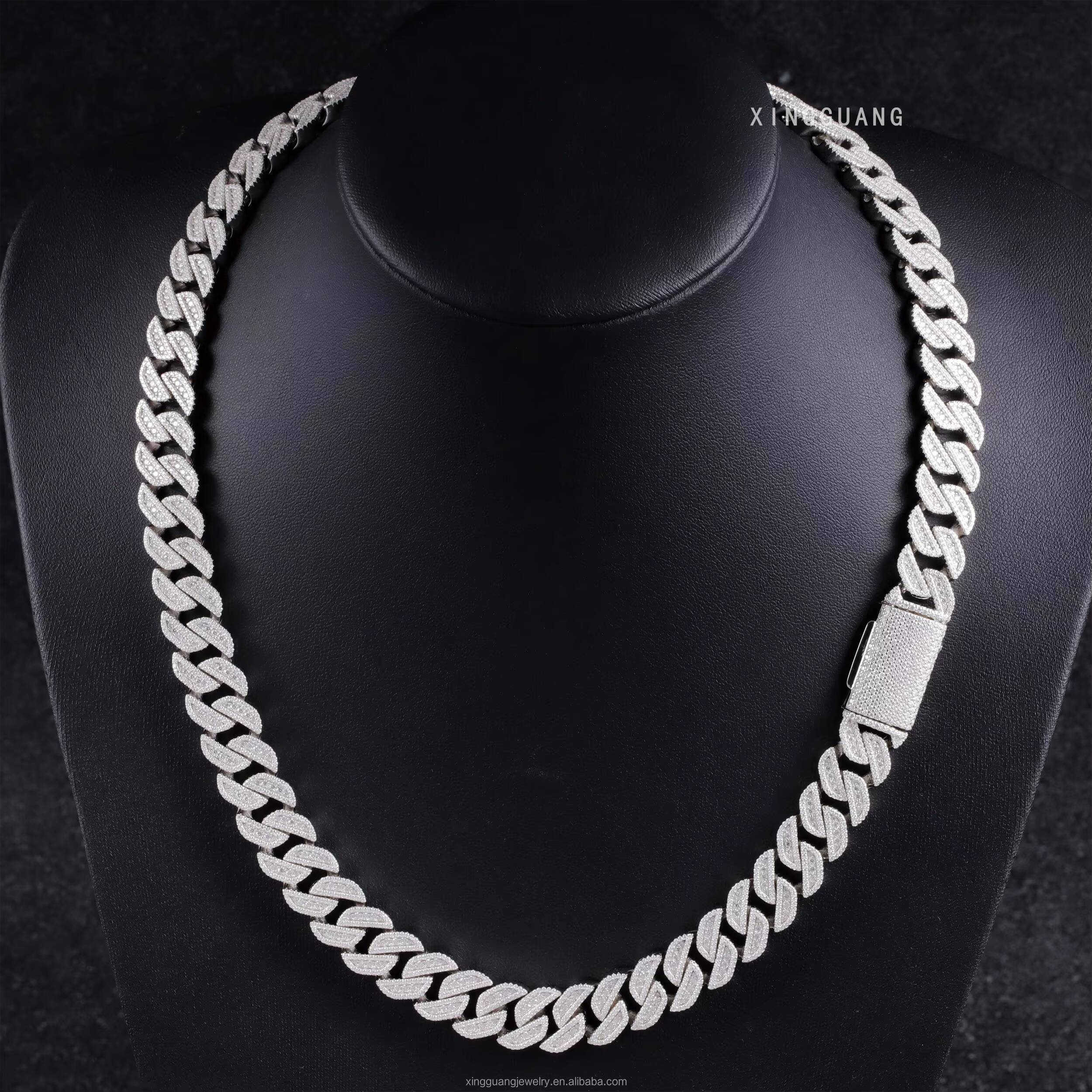 Heavy Hip Hop Necklace 14MM 3Rows Rhombus Chain S925 Silver Cuban Link White Gold Plated Moissanite Diamond Cuban Link Chain