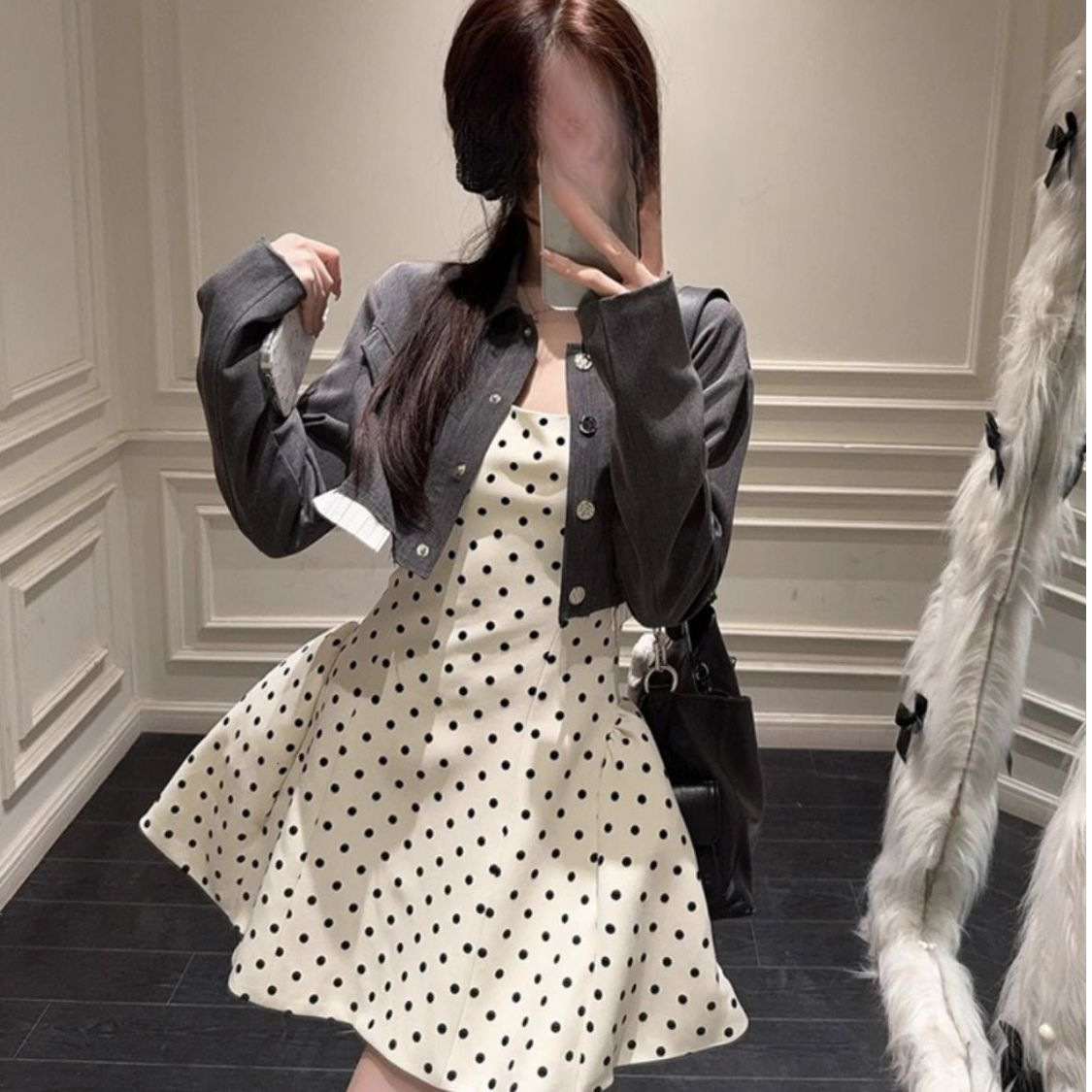 fashion Summer 2025 French polka dot lace up dress, summer new style tie, high-end elegant waist cinching, slim fit, fluffy short skirt, women's 