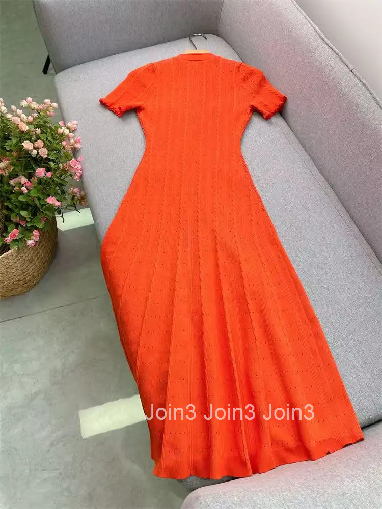 Orange Single-breasted Knitted Long Dress Women Spring Summer New Fashion O-Neck Elegant Slim Short-sleeved Dresses