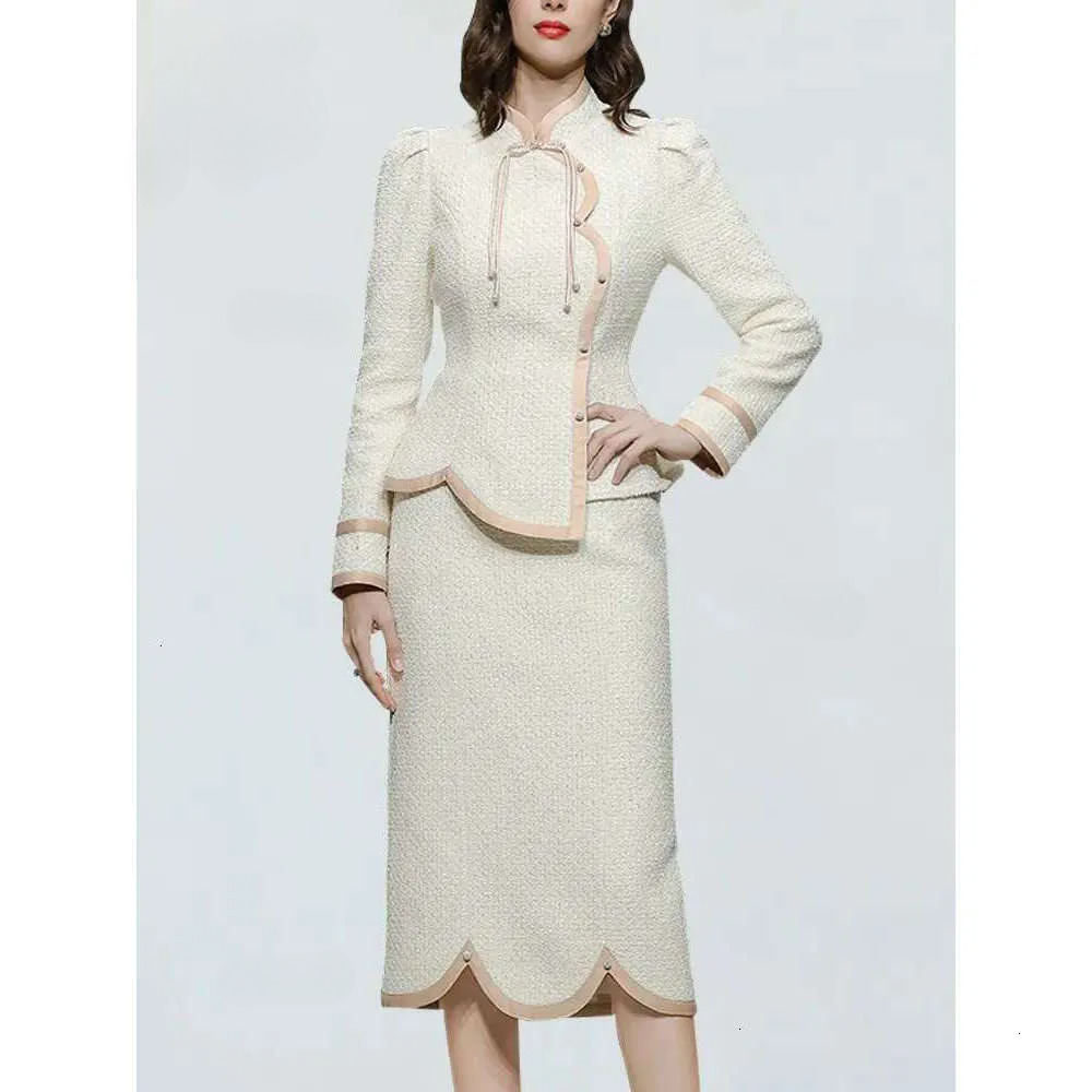 Two Piece Dress H Han Queen Women Autumn Winter Casual Tweed 2 Pieces Set Vintage Stand Tops Pencil Skirt Korean Elegance Simple Suit