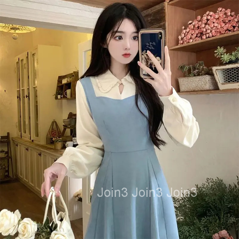 Solid Patchwork Square Neck Long Sleeve Fake Two Pieces Dresses Elegant Fashion Harajuku Female Clothes Casual All Match Skirt