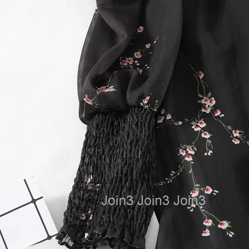 Women Sexy Black Chiffon Dress Spring Vintage Flower Long Puff Sleeve Dresses Korean Casual Mini Vestidos Elegant Clothes 13676