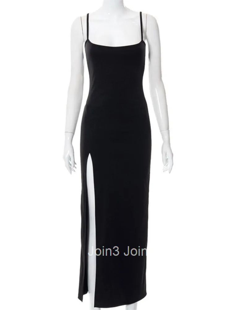 Summer Fashion Temperament Elegant Slit Bodycon Black Dress Women French Sexy Elegant Club Party Evening Suspender Female