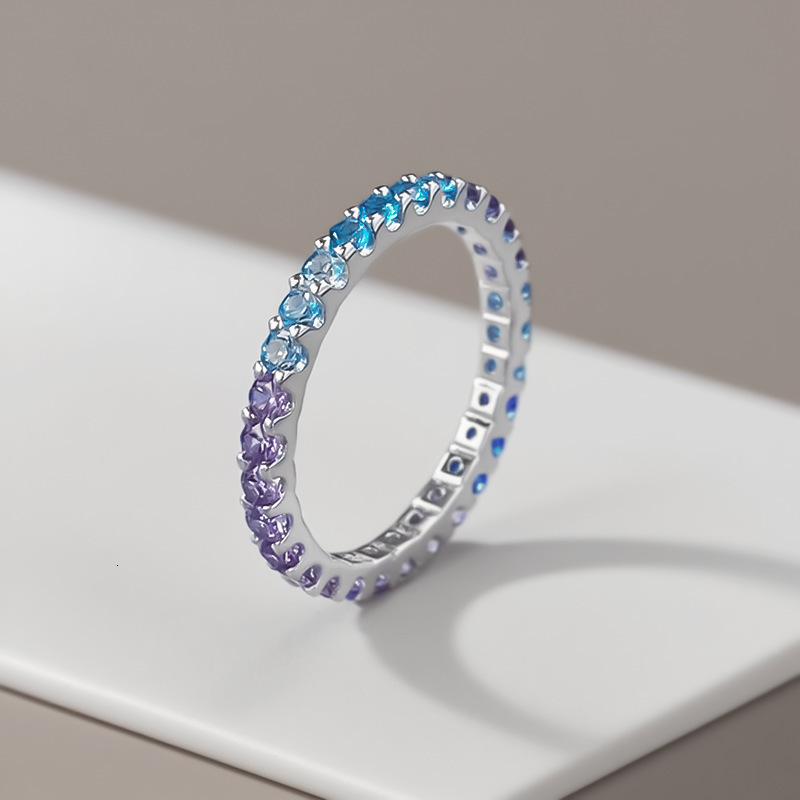 Hui Zhi Wing Jewelry S Silver Colorful Gem Lavender Gradient Color Row Bohemian Style Full mond Strip Ring