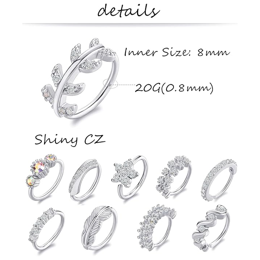 10Pcs Nose Ring Hoop Paved Flower Leaf Feather CZ Cartilage Earrings Nose Piercing Jewelry for Women Men Silver Tone 20G