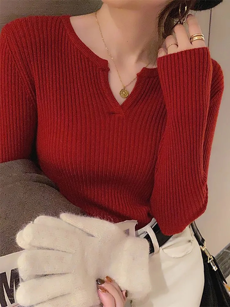 2025 Autumn Winter Women Sweater Solid Rib Knit V Neck Stripe Pull Femme Y2k Long Sleeve Pullover Tops Fashion Clothes 250806