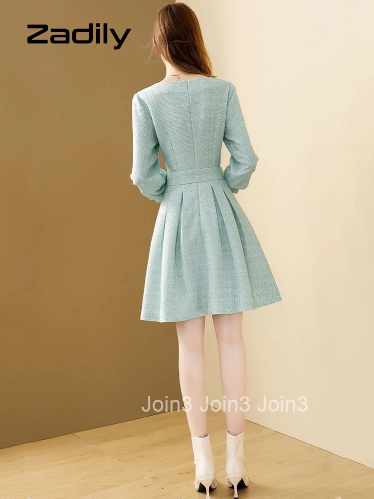 Zadily Spring French Style Long Sleeve A-Line Dress Women Elegant Sashes Solid O Neck Mini Dresses Party Vestidos