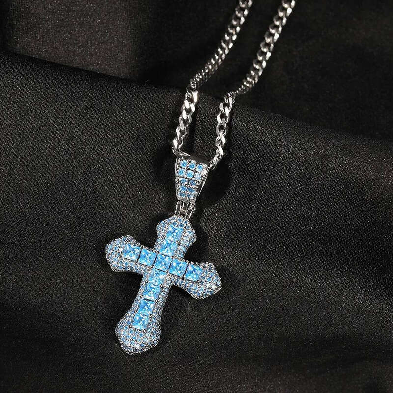 New charm bling iced out product blue zircon cross pendant necklace hip hop fashion dia jewelry all-match sweater chain gifts for women and men