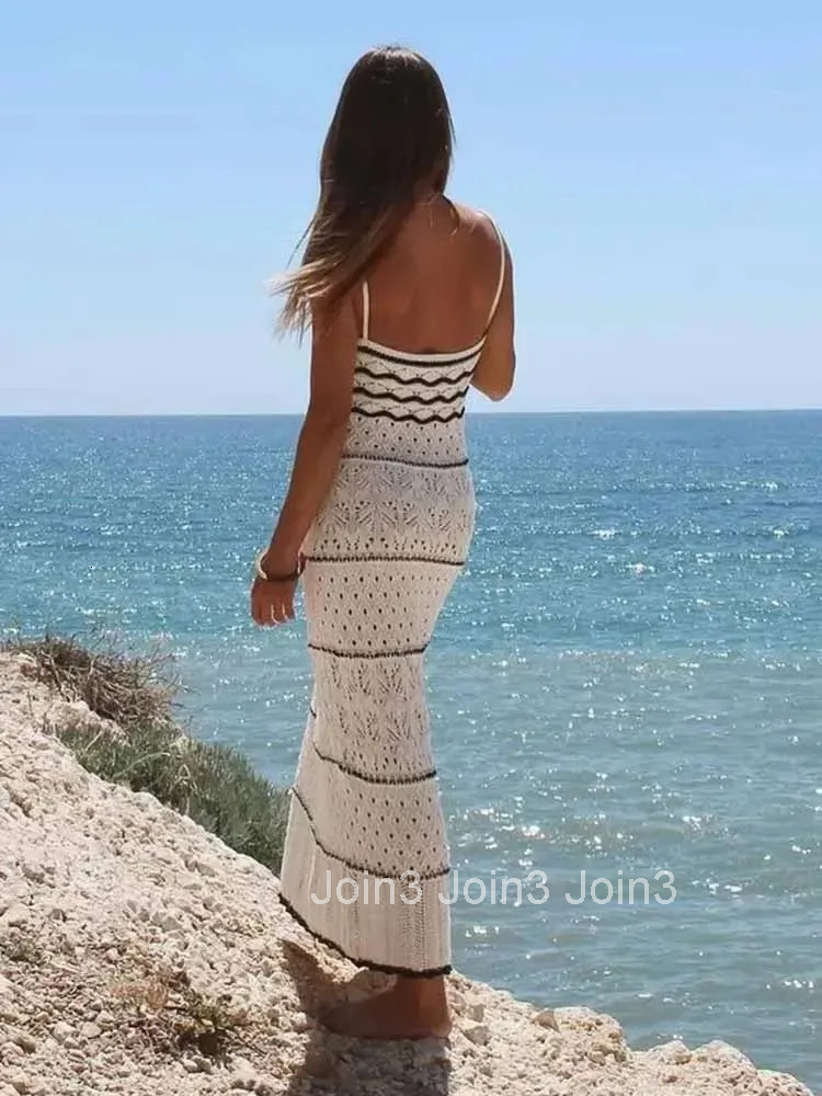 ZABA Womens Beach Style Crochet Hollow Slim Sling Sweater Long Dress Fashion Elegant Sleeveless Spaghetti Strap Sexy Dresses