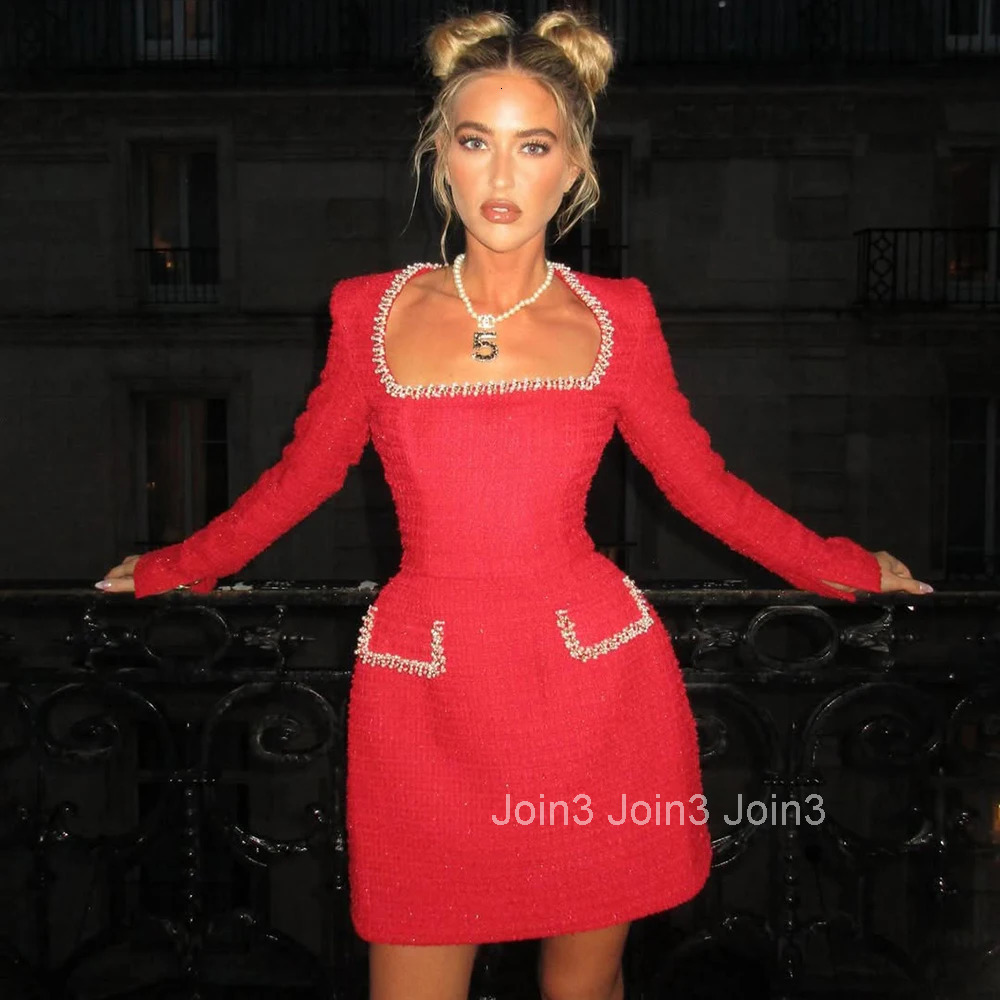 Talenza Long Sleeve Tweed Dress Womens Elegant Square Neck Luxury Party Evening Gown Retro Slim Patchwork Short Dress Vestido