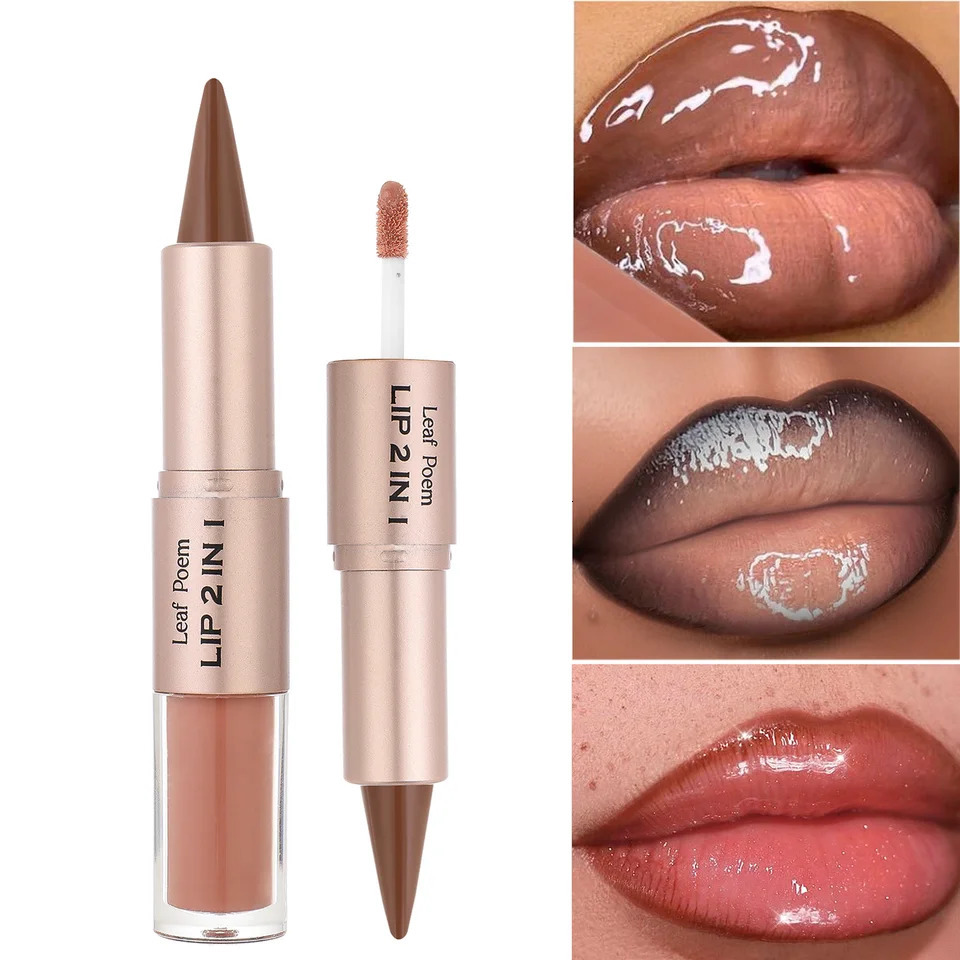 2IN1 Tapered Gradient Lipliner Pen Nude Brown Mirror Glass Lip Gloss Matte Lip Liner Waterproof Lip Contour Non Stick Makeup 250805