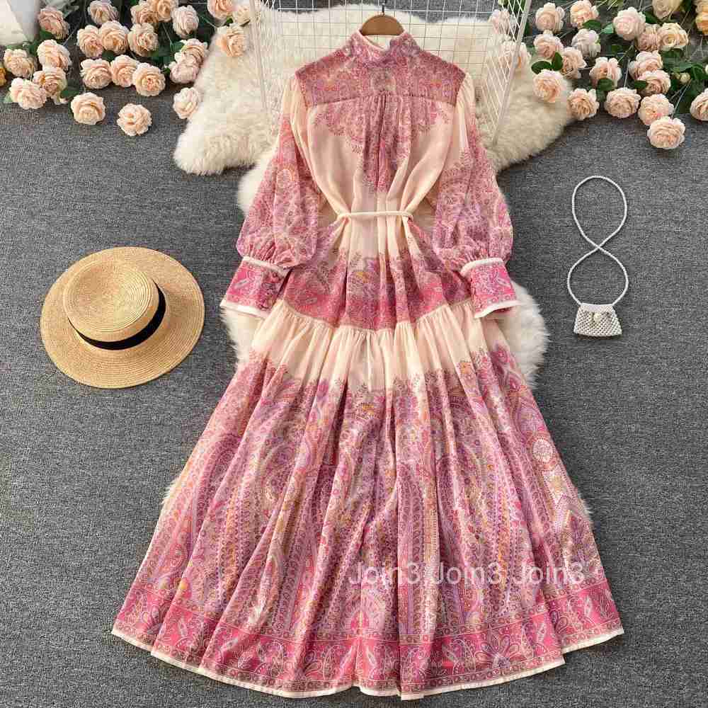 Early Spring New Sensibility Niche Stand Collar Lantern Sleeve Printing Dress Loose Fit Slimming Elegant Long Dress