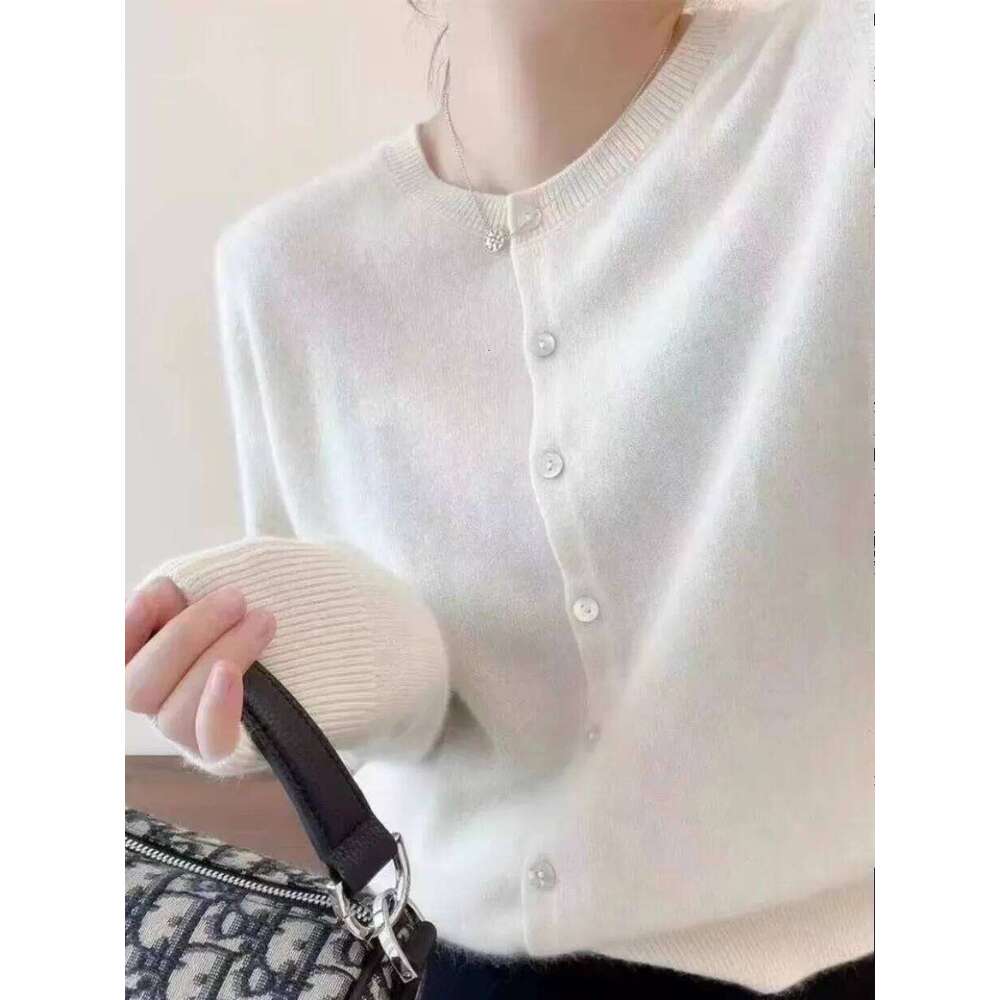 100%Cashmere Knit Cardigan Women's Round Neck Autumn And Winter Wool Sweater Small Loose Short Slimming Coat 250806