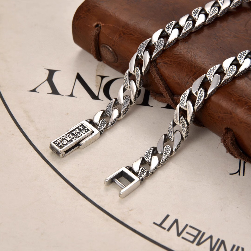 Retro Silver Made Old Cuban Bracelet Men's the Year of the Loong Gift Magnificent Simple Tang Grass Pattern Chain Width 7mm Factory Direct Sale