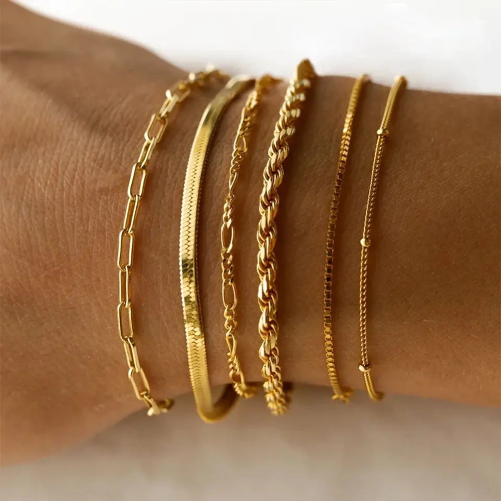 Gold Bracelets Set for Women 14K Real Gold Waterproof Thin Dainty Stackable Cuban Link Chain Fashion Jewelry Gifts wholesales drop ship