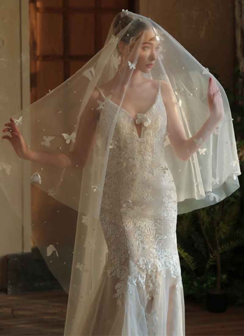 Romantic Butterfly Beaded Wedding Veil Without Comb One Layer Long Cathedral Bridal Veil Wedding Accessories Customized