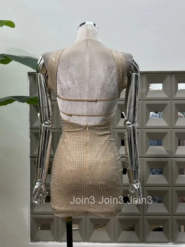 New Summer Sequined Backless Sexy Womens Mini Dress Elegant Shiny Robe Scarf Collar Sleeveless Tight Fitting Club Dresses