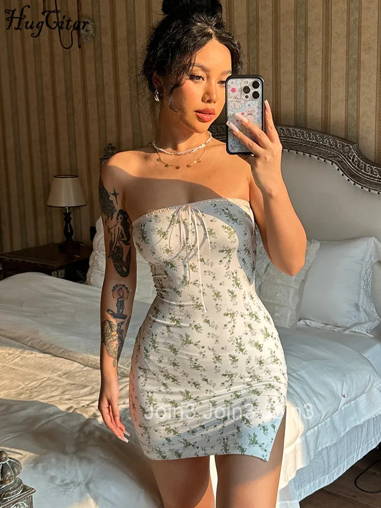 Hugcitar Floral Print Strapless Backless Lace Up Sexy Bodycon Mini Prom Dress Summer Women Fashion Outfit Beach Party Vacation