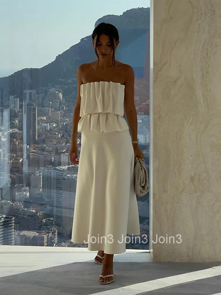 Casual White Womens Long Dresses Elegant Pleated Sleeveless A-line Long Skirt For Women Spring Slim Ladies High Street Vestidos